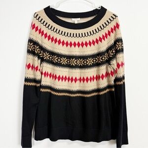 Talbots Sweater Large Black Tan Red Fair Isle Pullover Holiday Winter Knit
